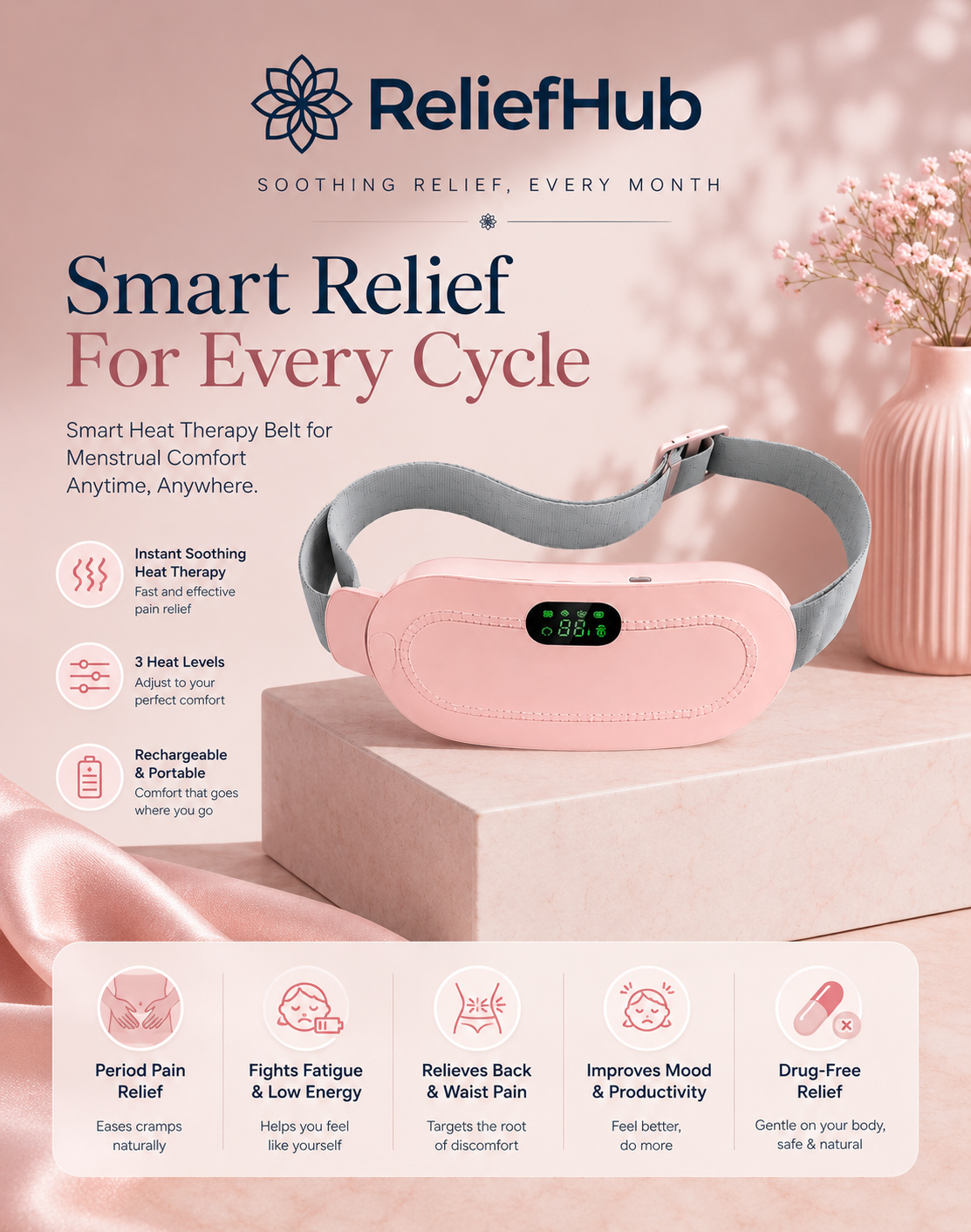 ReliefHub™ Smart Menstrual Heat Therapy Belt – Portable Period Pain Relief & Comfort
