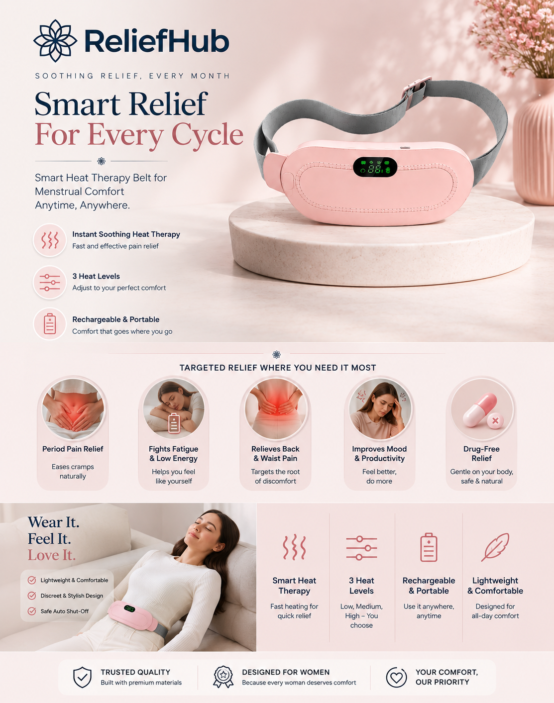 ReliefHub™ Smart Menstrual Heat Therapy Belt – Portable Period Pain Relief & Comfort