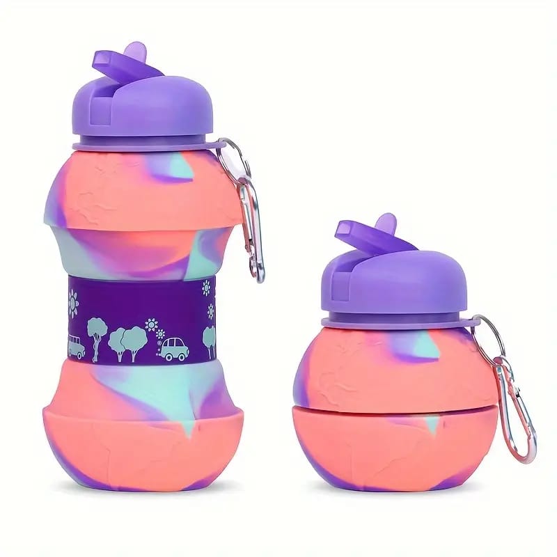 Premium Collapsible Silicone Water Bottle for Kids – Rainbow Colors with Sipper & Bag Hanging Hook