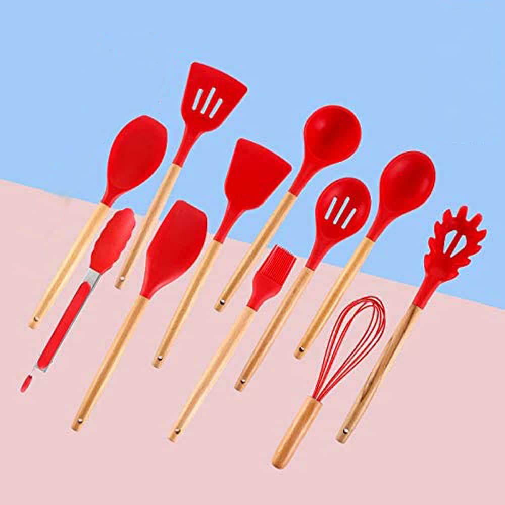 12 Pcs Non-Stick Silicone Kitchen Utensils Set With Wooden Handle & Holder | High Temperature Resistant Cooking Spoon & Spatula Set For Non-Stick Pans (Red)