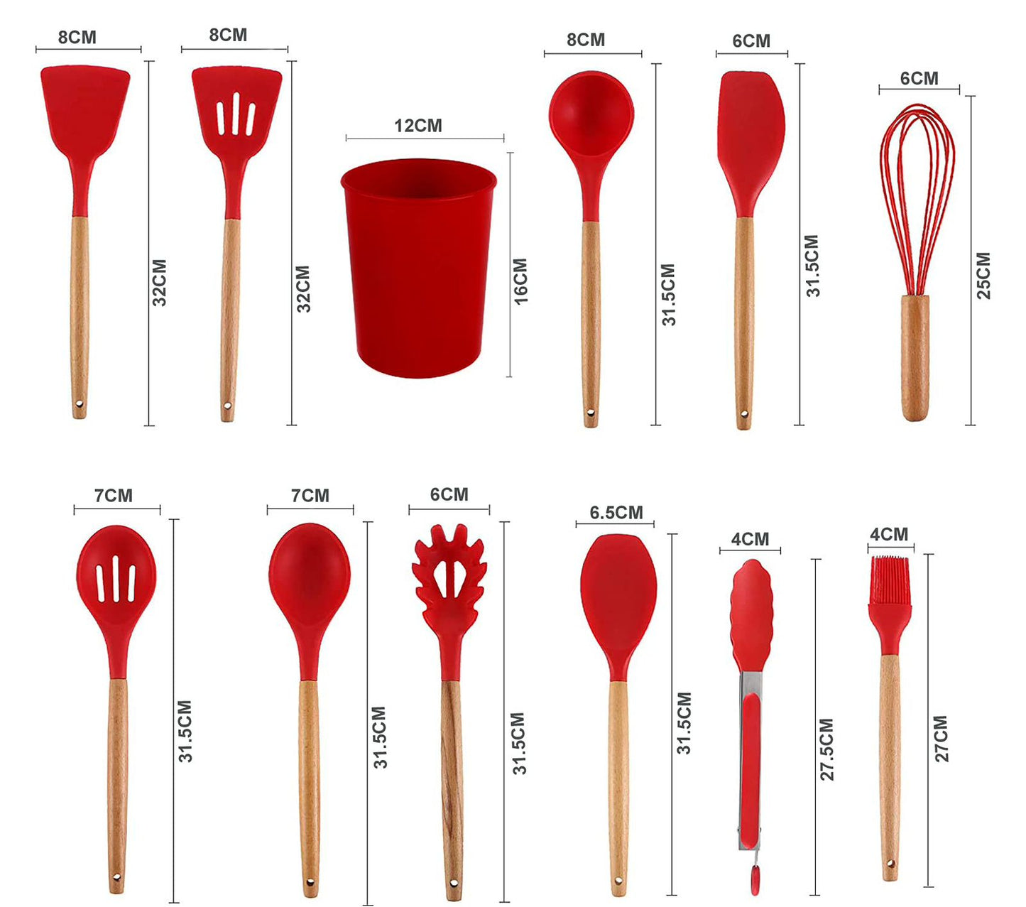 12 Pcs Non-Stick Silicone Kitchen Utensils Set With Wooden Handle & Holder | High Temperature Resistant Cooking Spoon & Spatula Set For Non-Stick Pans (Red)