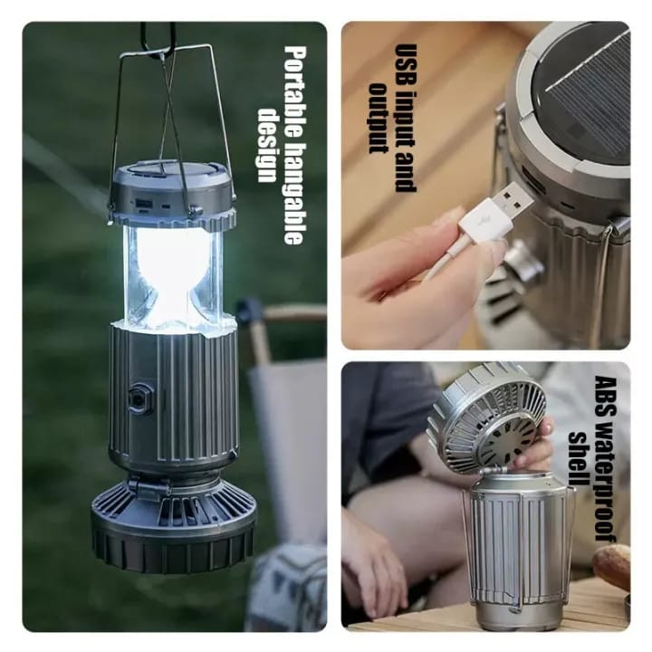 6-in-1 Portable Outdoor LED Camping Lantern with Fan & 5000mAh Power Bank – Solar Rechargeable