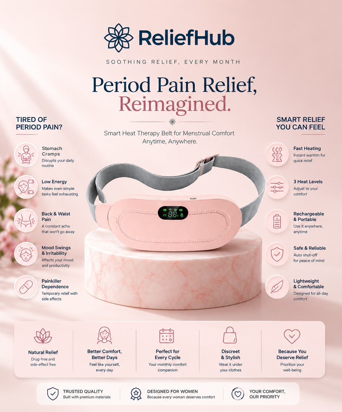 ReliefHub™ Smart Menstrual Heat Therapy Belt – Portable Period Pain Relief & Comfort