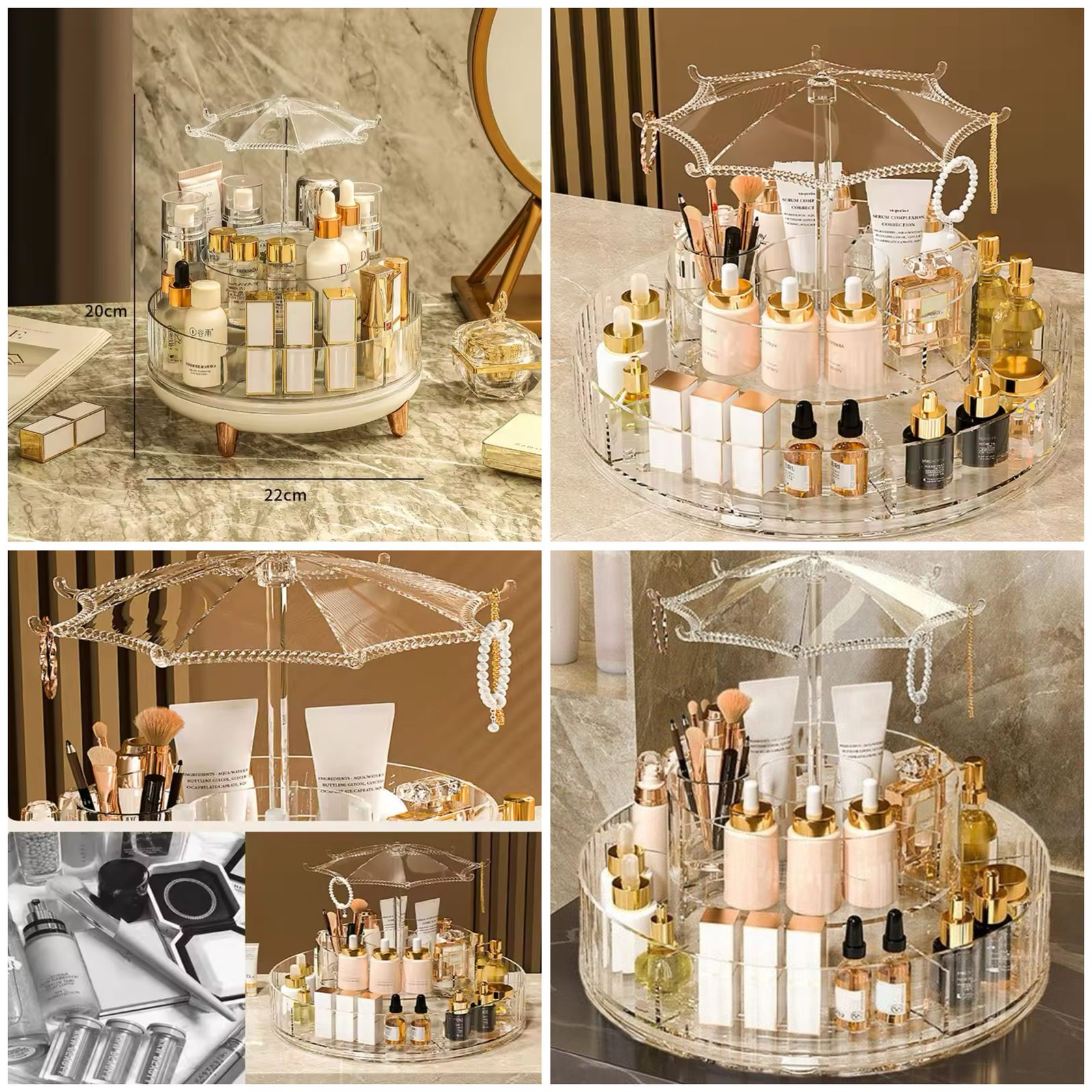 360° Rotating Umbrella Style Cosmetic Organizer – Luxury Acrylic Makeup & Jewelry Storage Vanity Rack
