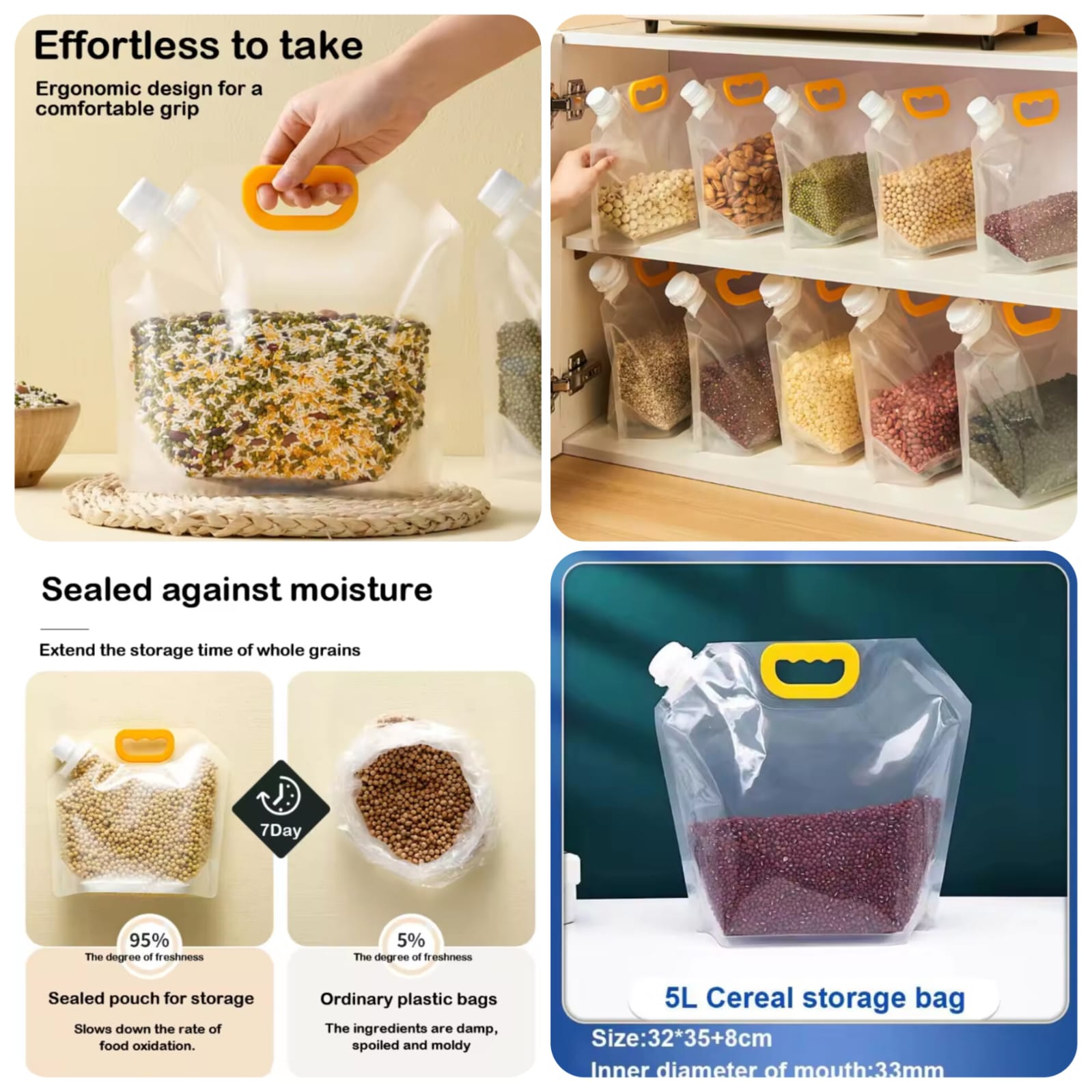 5L Transparent Grain Storage Bag with Handle – Airtight Moisture-Proof Reusable Pouch for Rice, Pulses,