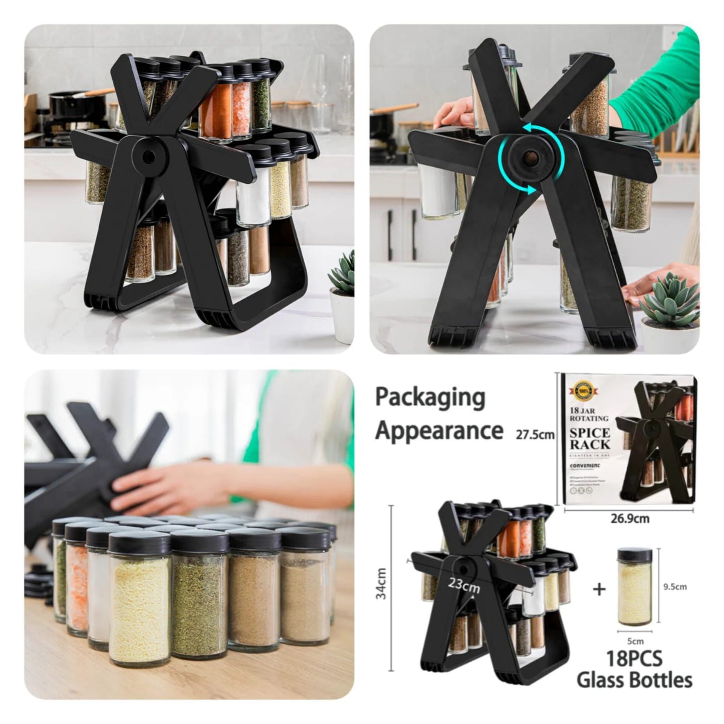 18-Piece Ferris Wheel Rotating Spice Rack – Premium Glass Spice Jar Organizer for Modern Kitchen