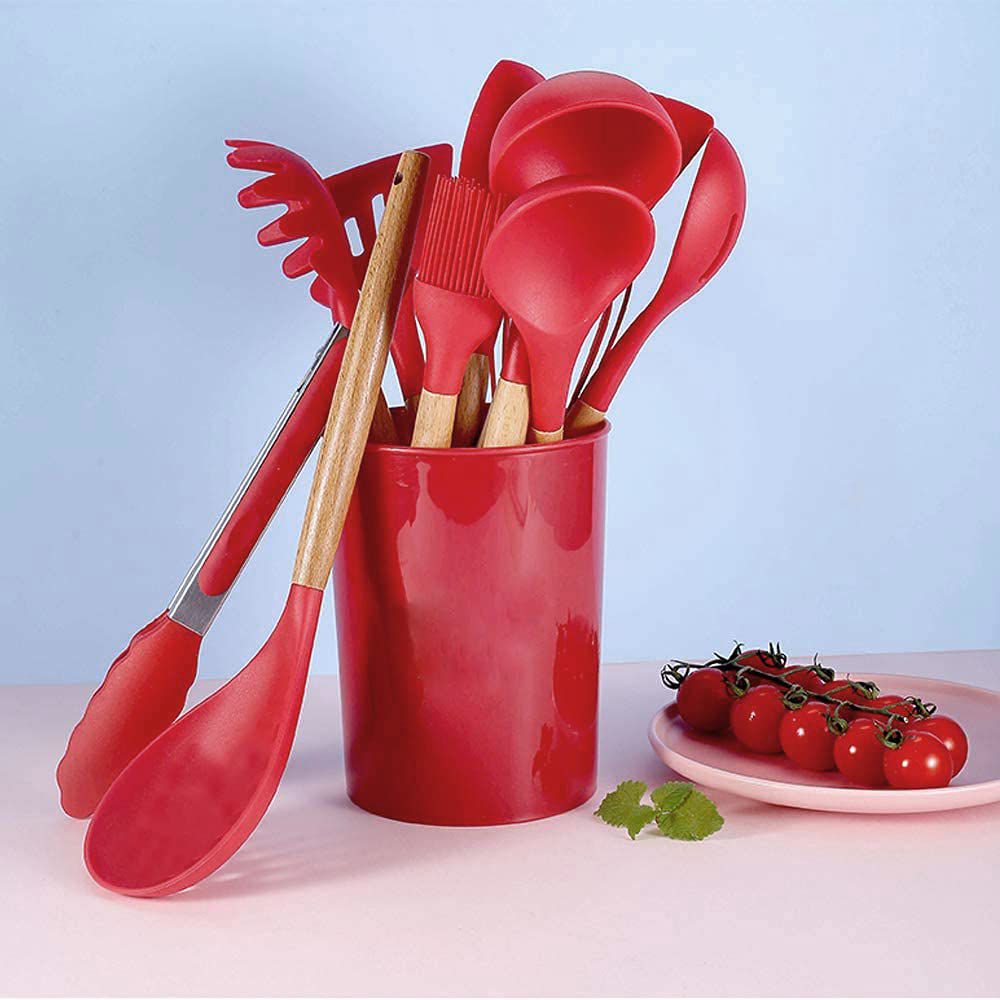 12 Pcs Non-Stick Silicone Kitchen Utensils Set With Wooden Handle & Holder | High Temperature Resistant Cooking Spoon & Spatula Set For Non-Stick Pans (Red)