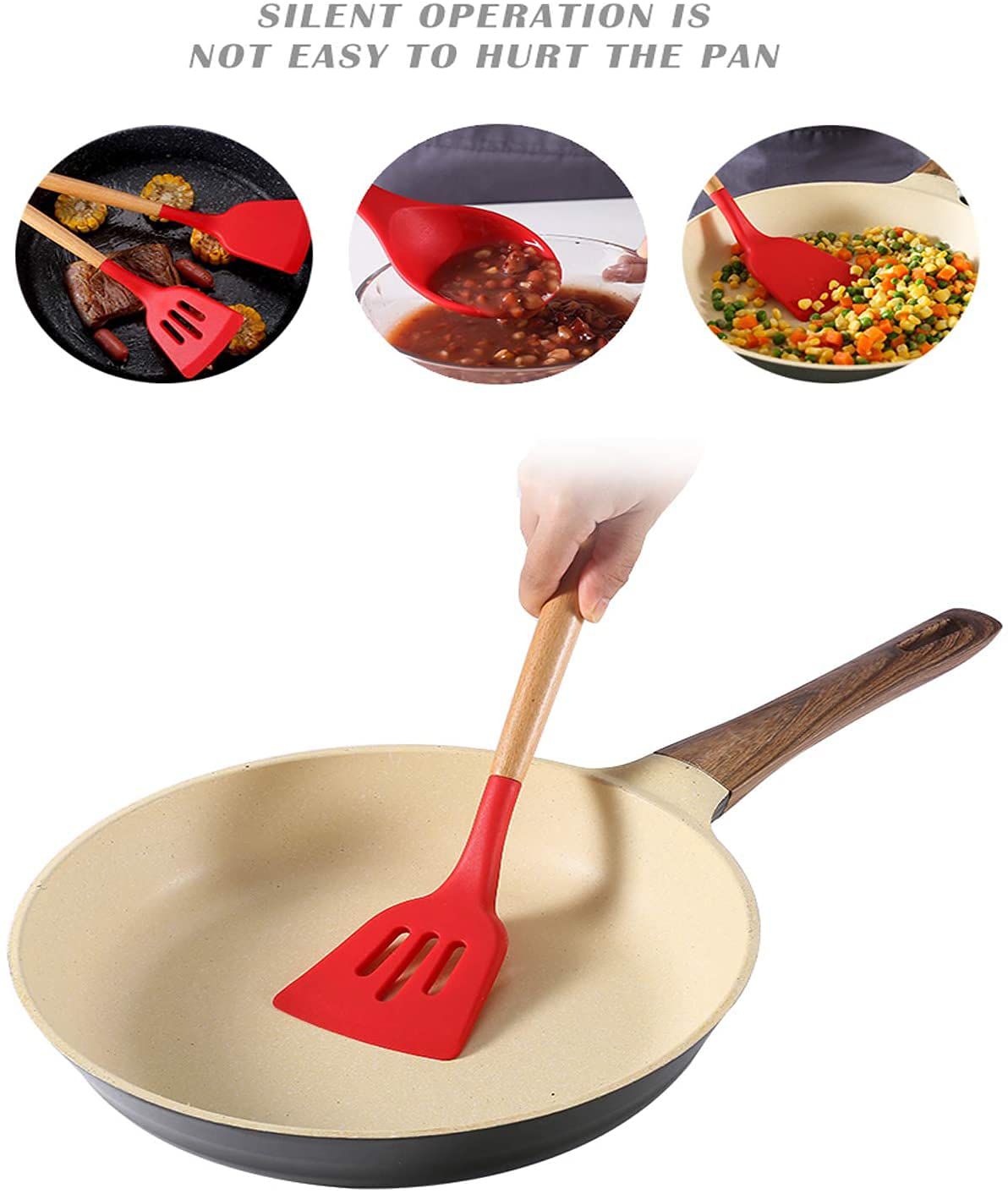 12 Pcs Non-Stick Silicone Kitchen Utensils Set With Wooden Handle & Holder | High Temperature Resistant Cooking Spoon & Spatula Set For Non-Stick Pans (Red)