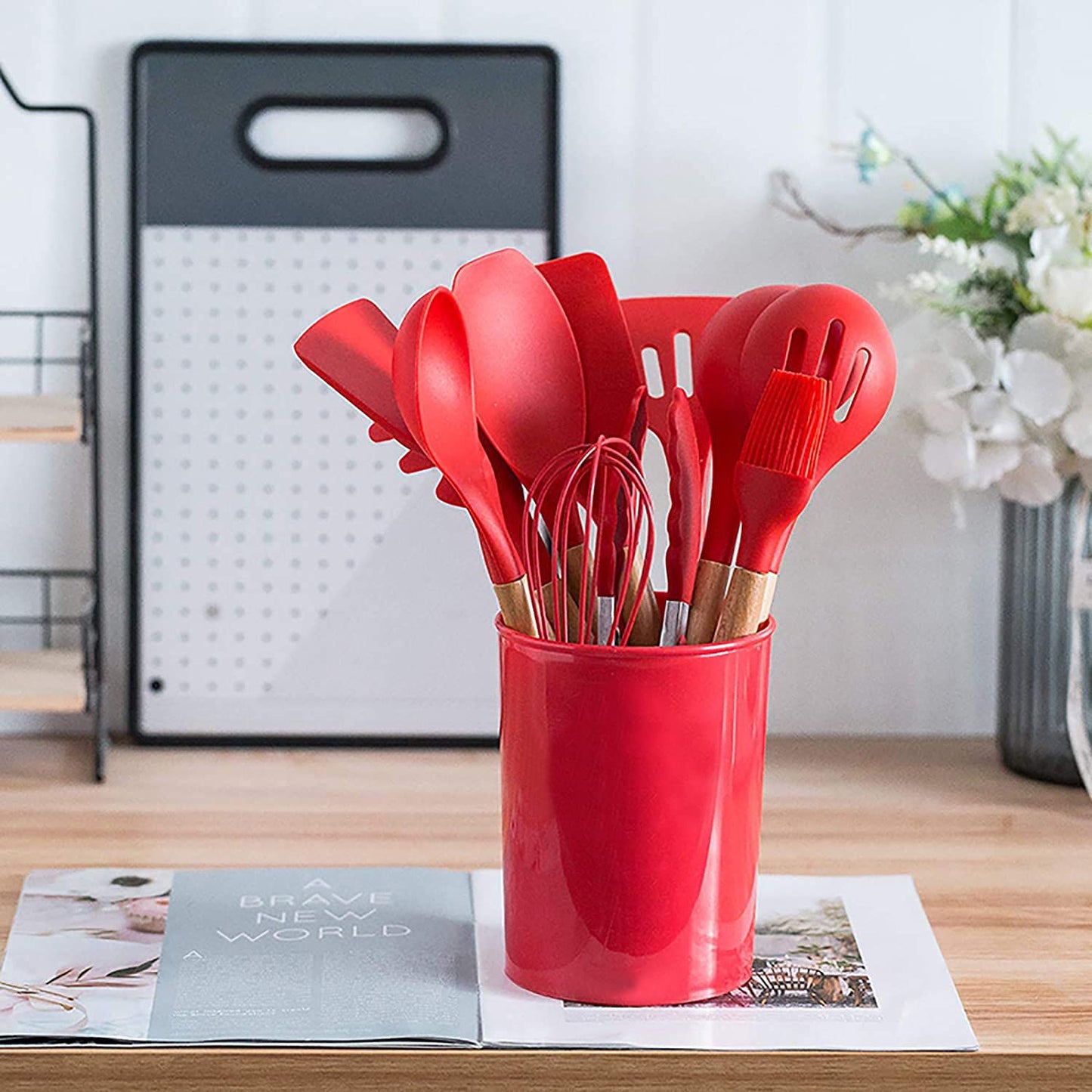 12 Pcs Non-Stick Silicone Kitchen Utensils Set With Wooden Handle & Holder | High Temperature Resistant Cooking Spoon & Spatula Set For Non-Stick Pans (Red)
