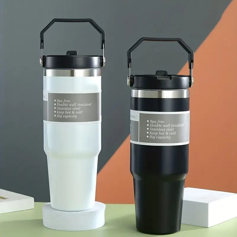 Premium Stainless Steel Insulated Tumbler Mug with Foldable Handle & Straw (900ml)