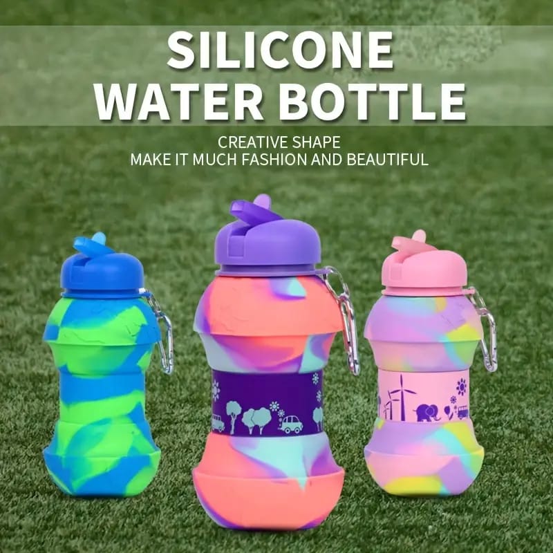 Premium Collapsible Silicone Water Bottle for Kids – Rainbow Colors with Sipper & Bag Hanging Hook