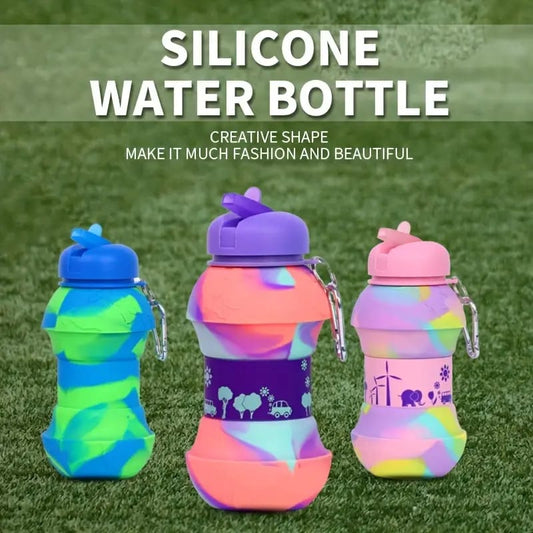 Premium Collapsible Silicone Water Bottle for Kids – Rainbow Colors with Sipper & Bag Hanging Hook