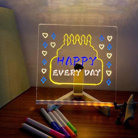 DIY Acrylic Glowing Message Board With LED Night Stand | Creative USB Luminescent Note Board Lamp With Colorful Erasable Pens For Home Decor & Gifting