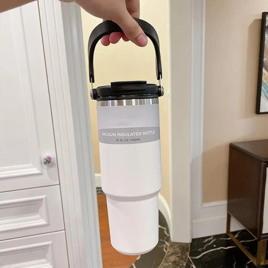 Premium Stainless Steel Insulated Tumbler Mug with Foldable Handle & Straw (900ml)