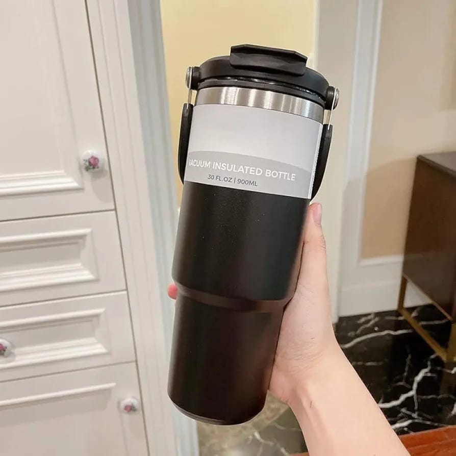 Premium Stainless Steel Insulated Tumbler Mug with Foldable Handle & Straw (900ml)